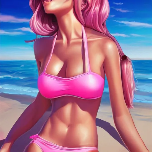 Prompt: beautiful pink gamer girl in a bikini on the beach drawn by artgerm