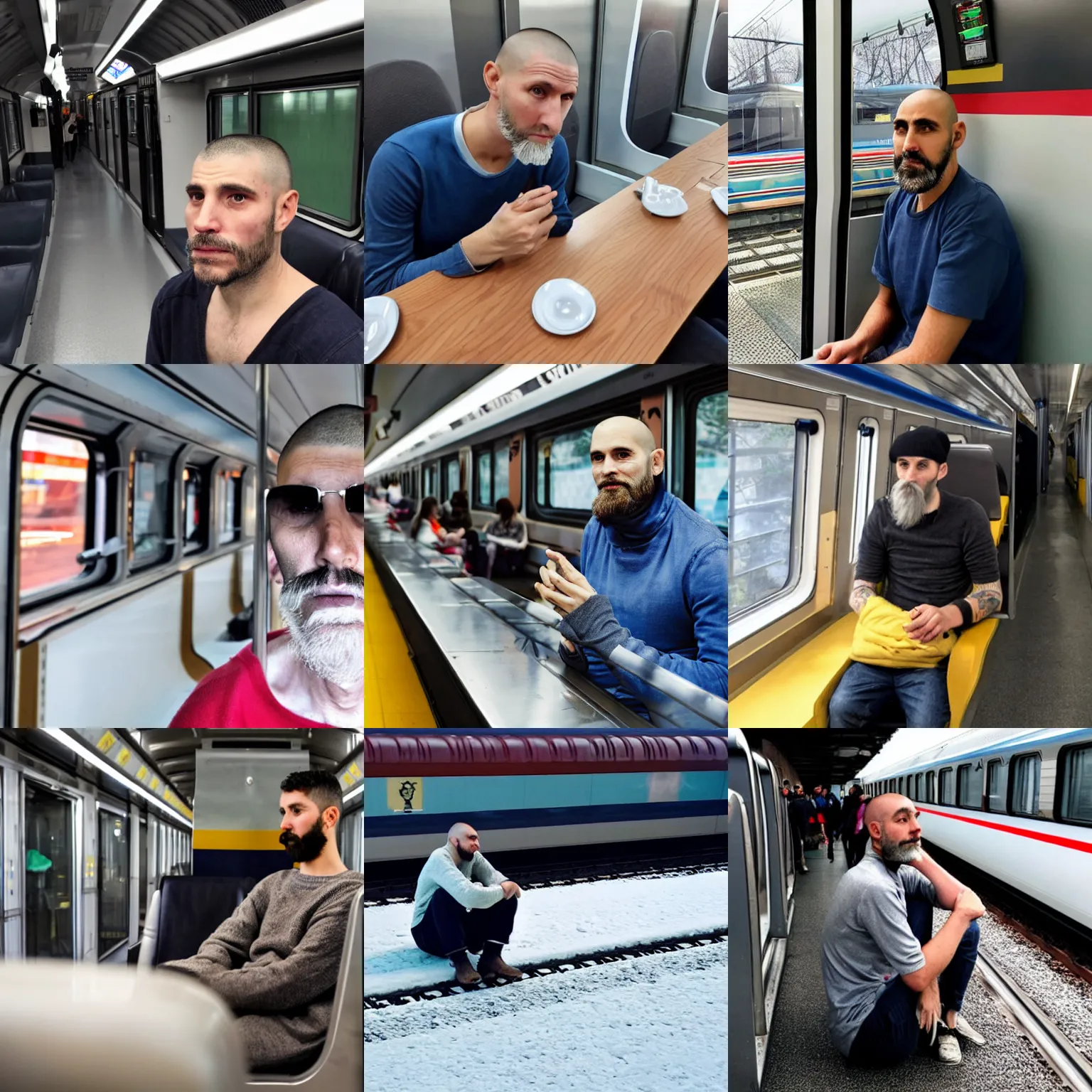 Prompt: a thin bearded argentina man with a buzz cut, sitting in a german ice train