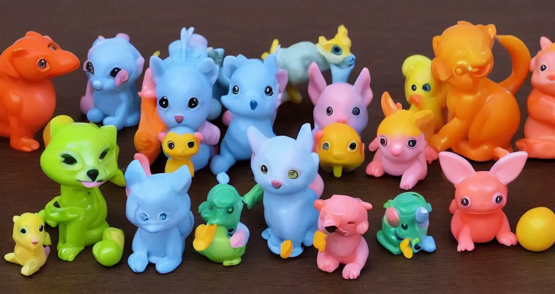 Image similar to some cute plastic toys that look like animal characters, sunset colors