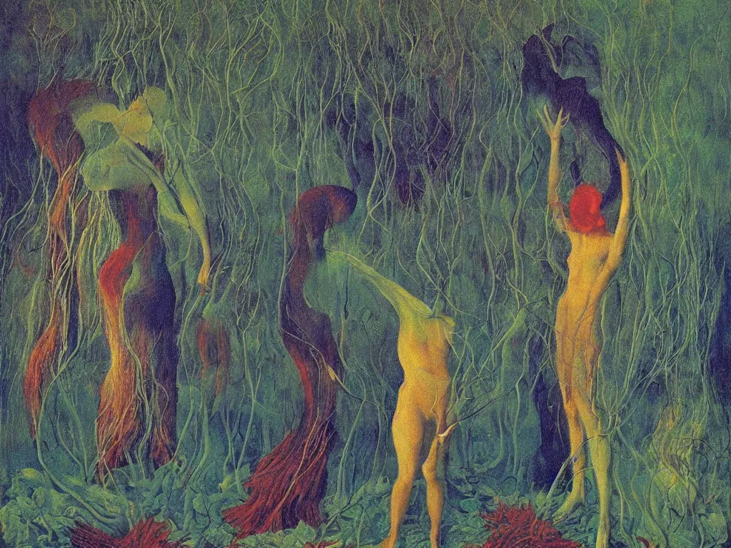 Image similar to phosphorescent long needled human in a bush. a carnivorous plant. painting by mikalojus konstantinas ciurlionis, bosch, max ernst, agnes pelton, rene magritte