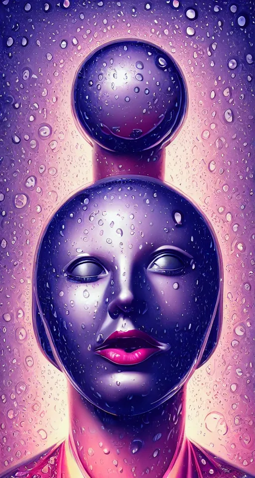 Image similar to art deco close up portait of stylish head with big mouth surrounded by spheres, rain like a dream digital painting curvalinear clothing cinematic dramatic fluid lines otherworldly vaporwave interesting details epic composition by artgerm anton pieck