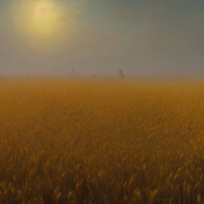 Image similar to a beautiful painting of a field of golden wheat by ivan aivazovsky, zdzisław beksinski, rene magritte, greg rutkowski, james gurney, in style of digital art. hyper detailed. octane render. maya. ray tracing. trending on artstation