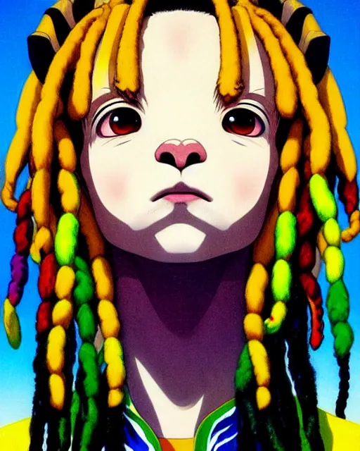 Image similar to portrait Anime 1984 Rasta Goat Goat wearing-rasta-clothes Soft fine face pretty face, realistic shaded Perfect face, fine details. Anime. background: Los-Angeles San-Francisco; hyperrealistic by Ilya Kuvshinov katsuhiro otomo ghost-in-the-shell, magali villeneuve, artgerm, rutkowski Jeremy Lipkin and Giuseppe Dangelico Pino and Michael Garmash and Rob Rey