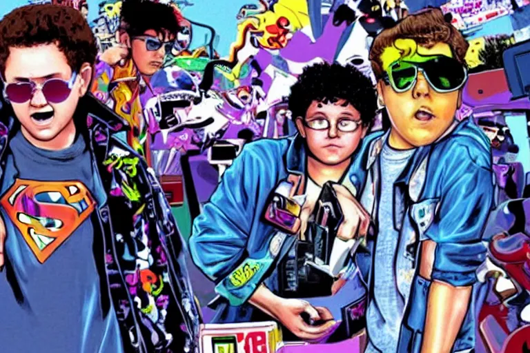 Image similar to a still from the movie superbad, 2 0 0 2 jet set radio future graphics visual aesthetic