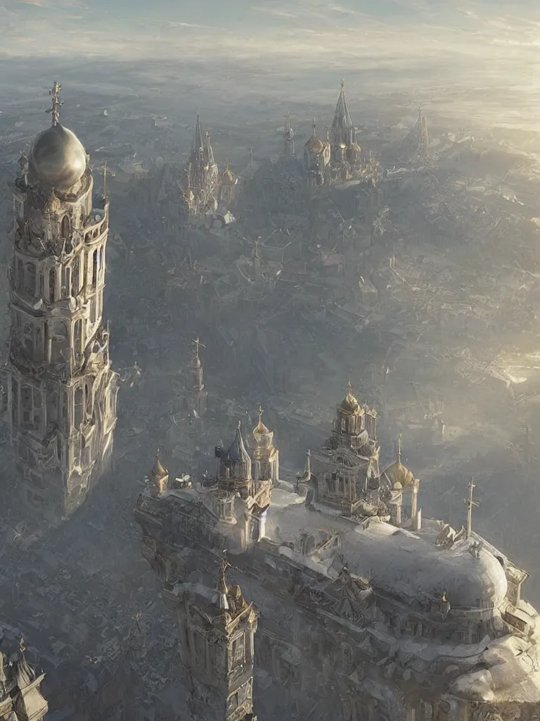 Prompt: a large dieselpunk airship is standing in the air over a splendid white church in russia, full morning sun, matte painting by greg rutkowski, markus vogt