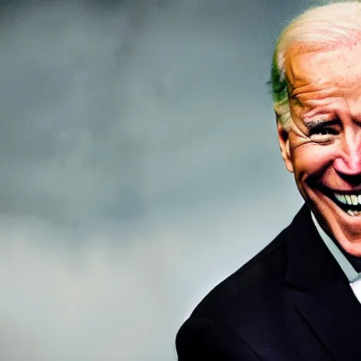 Image similar to Joe Biden with glowing eyes, sinister, evil, laughing, smiling, dark