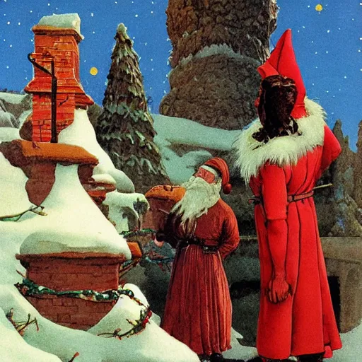 Image similar to illustration: vogue designer Santa Claus Sacrificing the Elves to a Volcano God Altar giorgio de chirico marc simonetti norman rockwell postcard stamp