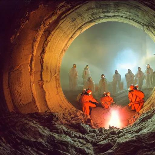 Image similar to wide - shot photo of a group of scientists in hazmat suits, studying a hell open rift portal, by shaun tan, codachrome, hellish, unsettling, otherworldly, smoke, machines, floating rocks, 8 k, hd, highly detailed,