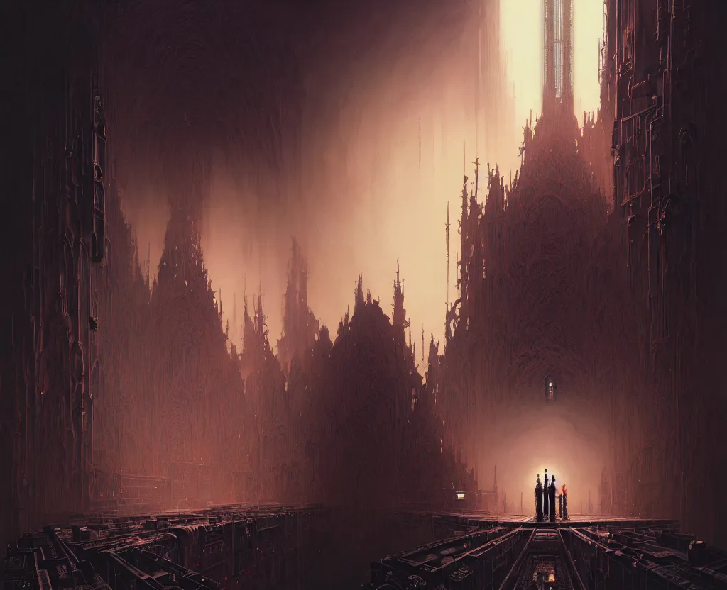 Image similar to detailed portrait, intricate complexity, by greg rutkowski, ross tran, conrad roset, takato yomamoto, ilya kuvshinov huge gothic crematorium on desert planet, elevator, side ramp entrance ambulance dead bodies, guards intricate, painting by lucian freud and mark brooks, bruce pennington, dark colors, neon, death, guards, nice style smoke