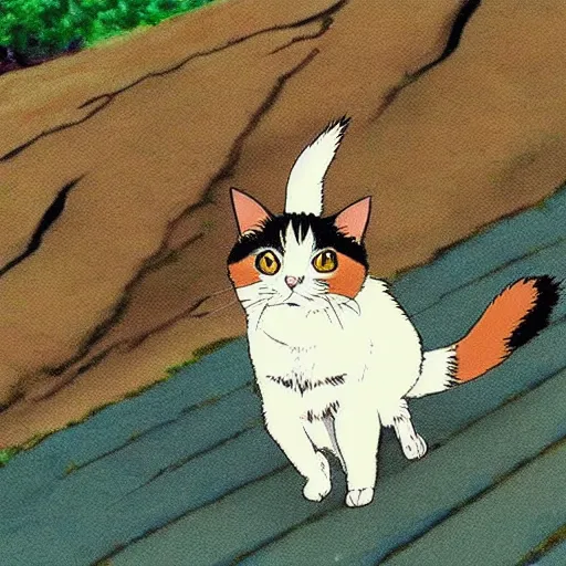 Image similar to a calico cat walking up mount fuji in the style of studio ghibli