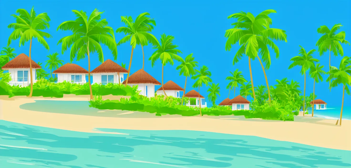 Prompt: modern bungalows on island resort beach, tropical summer landscape with houses on piles with terrace, palm trees, vector art, flat art