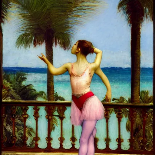 Prompt: a ultradetailed beautiful painting of a ballerina in the amazonas palace balustrade designed by jules bastien - lepage, hans belmer, frank weston and gustave baumann, beach, trending on artstation, mediterranean, palm trees, refracted color sparkles, sharp focus, soft light, 8 k 4 k