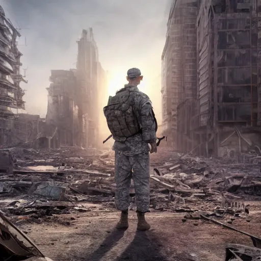 Prompt: a soldier standing in the middle of a post-apocalyptic ruined city with tall destroyed buildings, long shot from back, hyper realistic 4k high quality