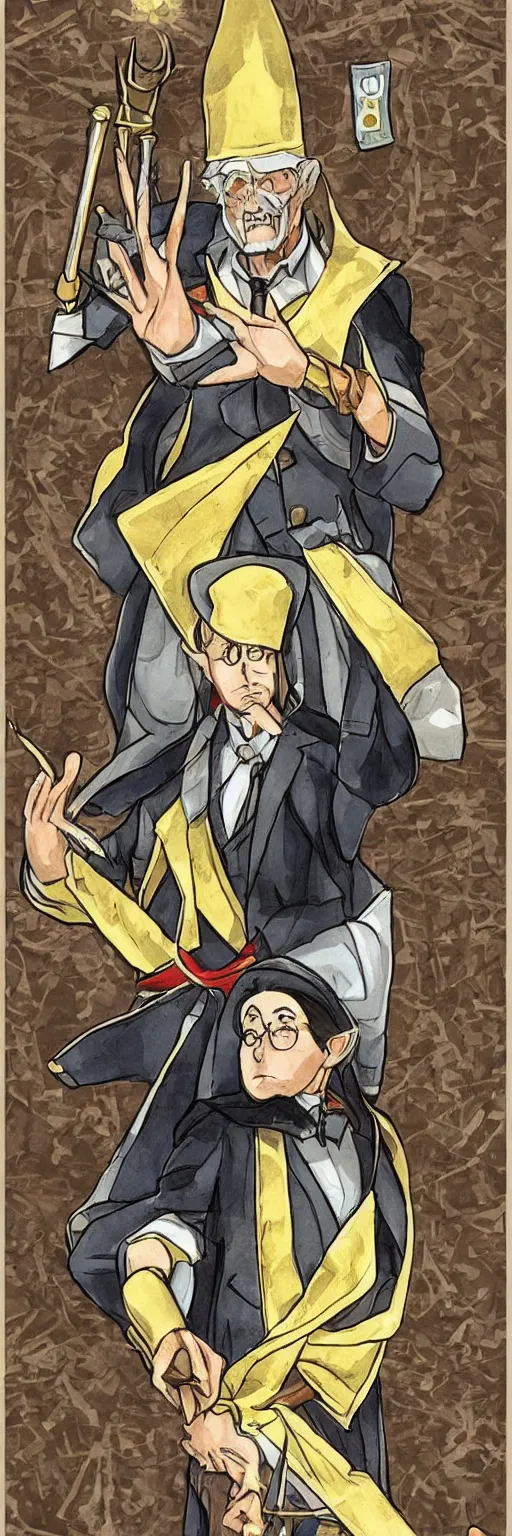 Image similar to the judge from Ace Attorney with a beam scale in one hand. Tarot card Justice, impressive art, detailed, single subject, high quality