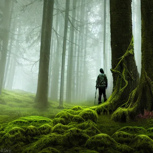 Prompt: Foggy forest with huge trees overgrown with moss and lianas, a hunter with weapons in diesel-punk style cautiously walks between the roots. 4K 64 megapixels 8K resolution DSLR filmic HDR Kodak Ektar wide-angle lens 3D shading Behance HD CGSociety Cinema 4D IMAX shadow depth rendered in Blender Unreal Engine hyperrealism photoillustration, lots of reflective surfaces, subsurface scattering