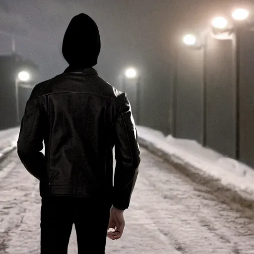 Prompt: movie shot of young man from back pacing lowering head dressed in short leather bomber jacket to empty narrow alley with street lamps in park with pines to the horizon, with hands in pockets, snowfall at night, mullet long haircut, black hairs, cinematic, dramatic, detailed, realistic, movie shot, low lighting