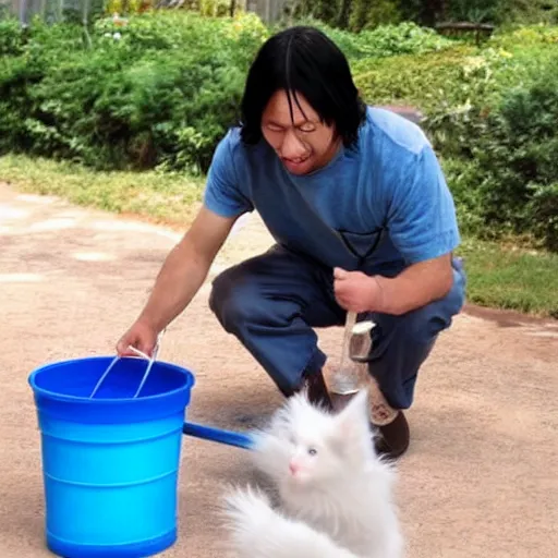 Image similar to asian jesus playing with cats with a water bucket and a whip