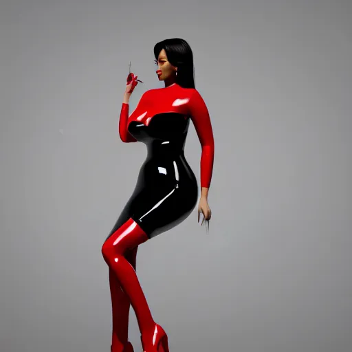 Prompt: portrait of a curvy feminine beautiful goddess with classy elaborate tight black-red-white nylon-latex full body dress, loving gesture, thin waist, multilayered outfit, photorealistic, sublime, 16k, smooth, sharp focus, cgsociety, ArtStation, volumetric lighting