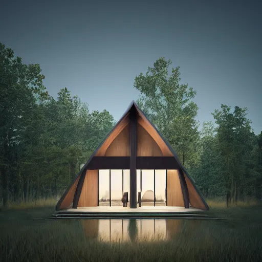 Image similar to minimal modernist a - frame house in the woods, beautiful lighting, volumetric, cinematic lighting, corona render, detailed, symmetrical, minimal, clean