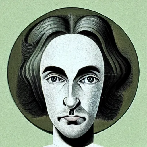 Image similar to young man, long hair, short facial hair, no mustache, dark green eyes, dark eyebrows, light widows peak light facial hair, in the style of mauritz cornelis escher, in - frame