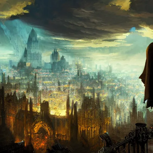 Prompt: a man overlooking town ruins, ashes, burning cathedral, D&D, Magic The Gathering, by Craig Mullins, intricate details, light rays from the surface, Nekro, Victo Ngai, centered, symmetrical, volumetric lighting