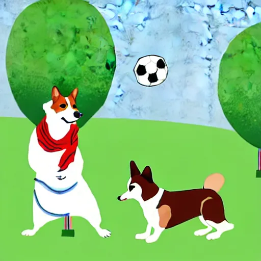 Image similar to illustration of french boy in paris playing football against a corgi who is wearing a polka dot scarf