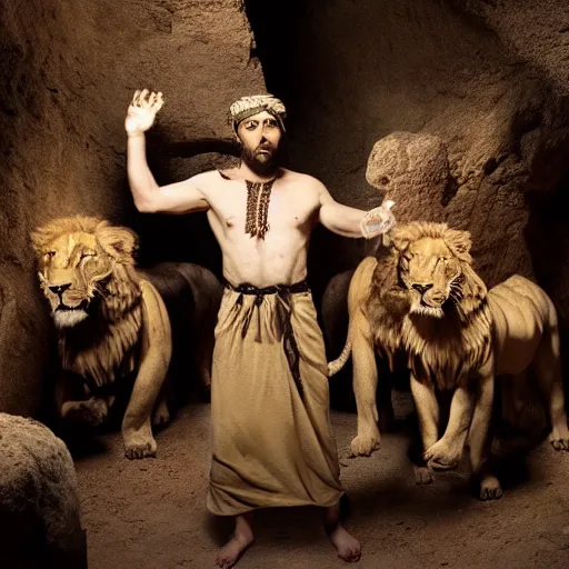 Image similar to dramatic film still of 3 5 year old man in ancient canaanite clothing surrounded by ferocious lions. cave interior background. directed by michael bay