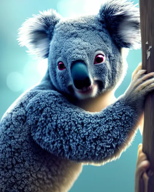Prompt: movie still macro close photo of koala selling nft, by weta disney pixar greg rutkowski wlop ilya kuvshinov rossdraws artgerm octane render iridescent, bright morning, liosh, mucha