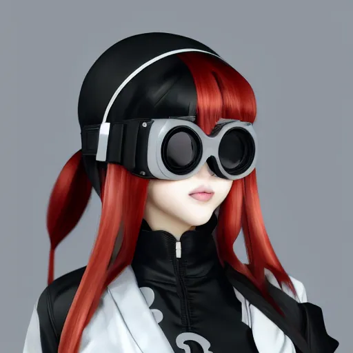 Image similar to photo of beautiful anime girl artist on a white background wearing black big goggles, 4K, redshift render, unreal engine, trending on artstation, depth of field