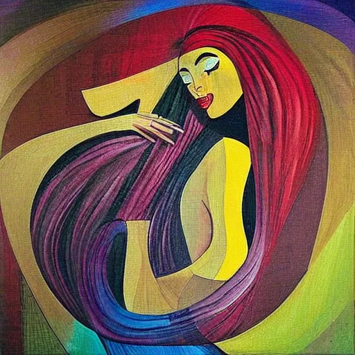 Prompt: “a beautiful woman with long black braids dances by the river , abstract art in the style of cubism”
