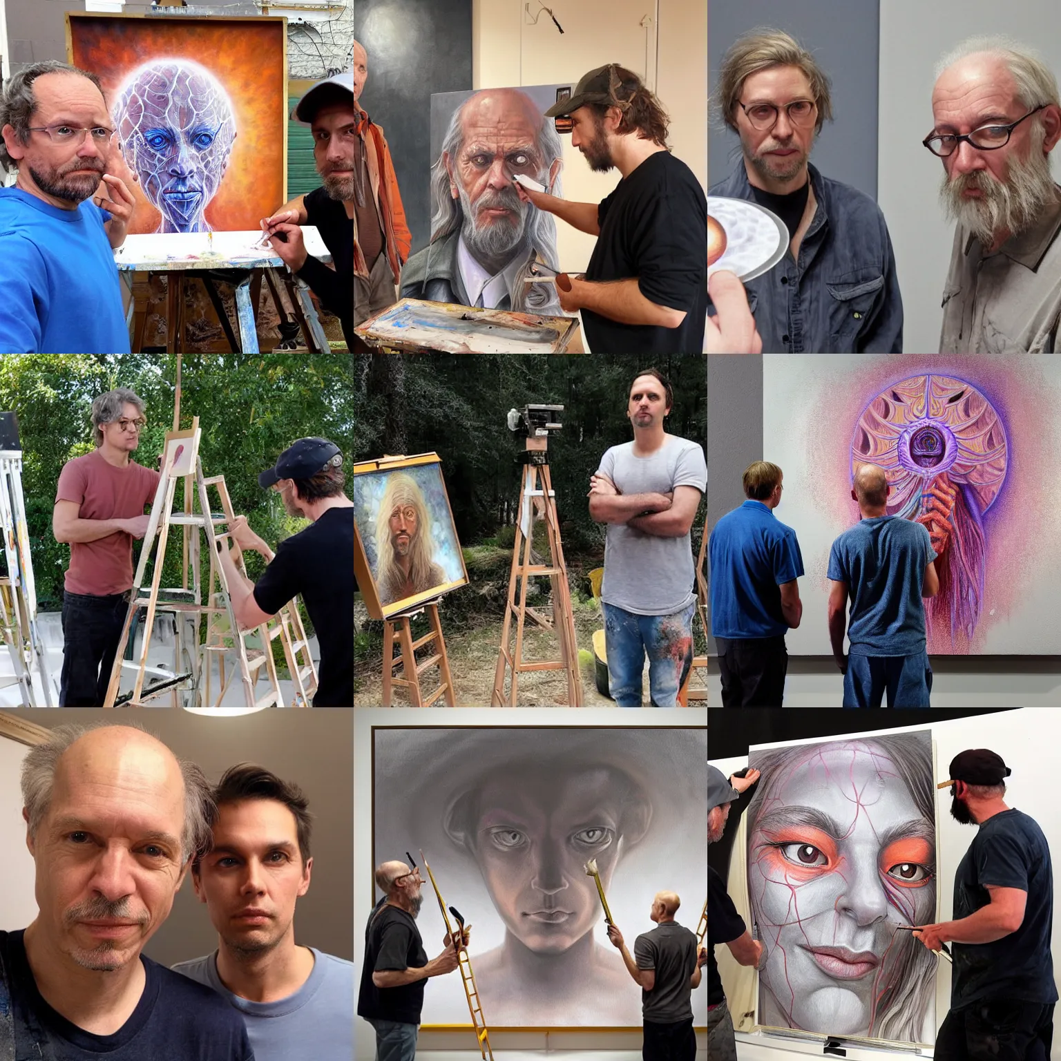 Image similar to painters Alex Grey together with painter Greg Rutkowski looking in the camera at the people who stole their job