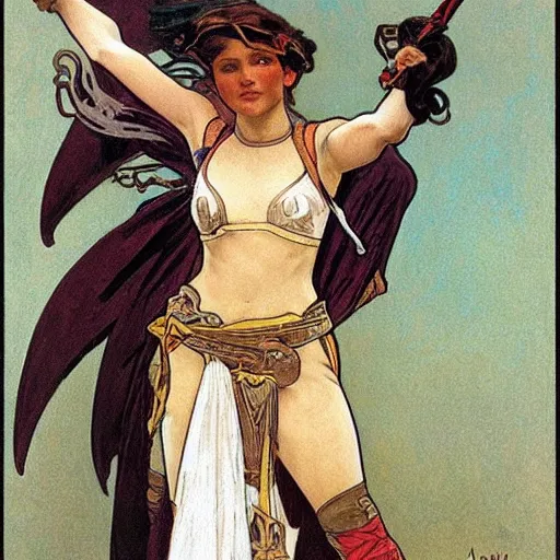 Image similar to female fighter, war paint, sword, painted by alphonse mucha