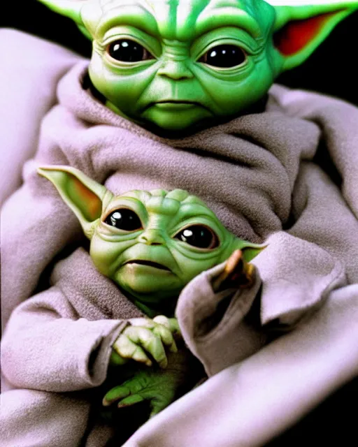 Image similar to stock photos of baby yoda playing with a cute puppy, hyperreal