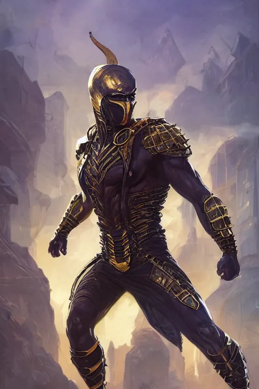 Image similar to ultra realistic illustration, scorpion from mortal kombat dressed like a wakandan warrior, hacknaut cyberpunk, sci - fi, fantasy, intricate, elegant, highly detailed, digital painting, artstation, concept art, smooth, sharp focus, illustration, art by artgerm and greg rutkowski and alphonse mucha