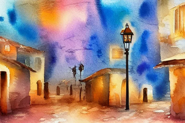 Prompt: paint brush strokes, abstract watercolor painting of rustic mediterranean village at nightfall, lantern, ambient lighting, wonderful masterpiece, cinematic light, american romanticism