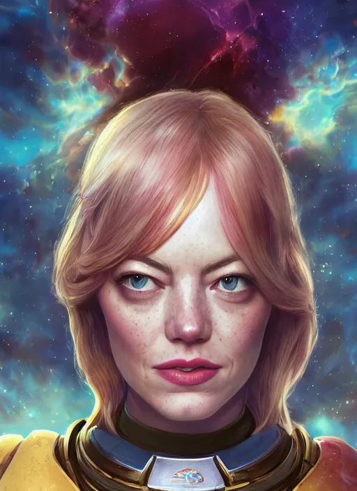 Image similar to cosmic portrait of emma stone as a space marine, apocalypse, naturel, hyper detailed, digital art, trending in artstation, cinematic lighting, studio quality, smooth render, unreal engine 5 rendered, octane rendered, art style by klimt and nixeu and ian sprigger and wlop and krenz cushart.