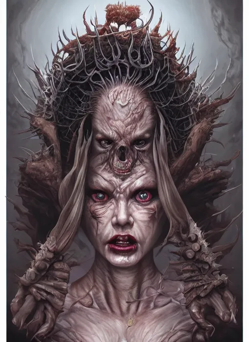 Image similar to a hyper detailed full face portrait of human transforming into the queen of blades, horror, sideshow figurines, diablo 4 lilith, by yusuke murata, by hiroya oku, by dorian cleavenger, by tom bagshaw, by zdzisław beksinski, trending on artstation