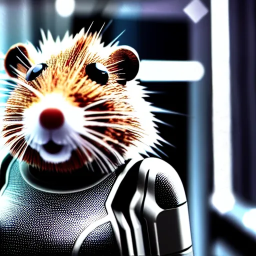 Image similar to uhd candid photo of a metal hamster cyborg android robot. photo by annie leibowitz