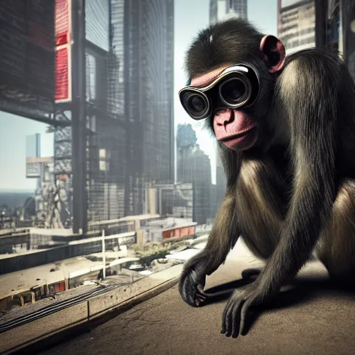 Image similar to Photography of ultra mega super hyper realistic detailed monkey by Hiromasa Ogura wearing cyberpunk style suit . Photo made from 30 meters distance on Leica Q2 Camera, Rendered in VRAY and DaVinci Resolve and MAXWELL and LUMION 3D, Volumetric natural light. Wearing cyberpunk suit with many details by Hiromasa Ogura .Rendered in VRAY and DaVinci Resolve and MAXWELL and LUMION 3D, Volumetric natural light