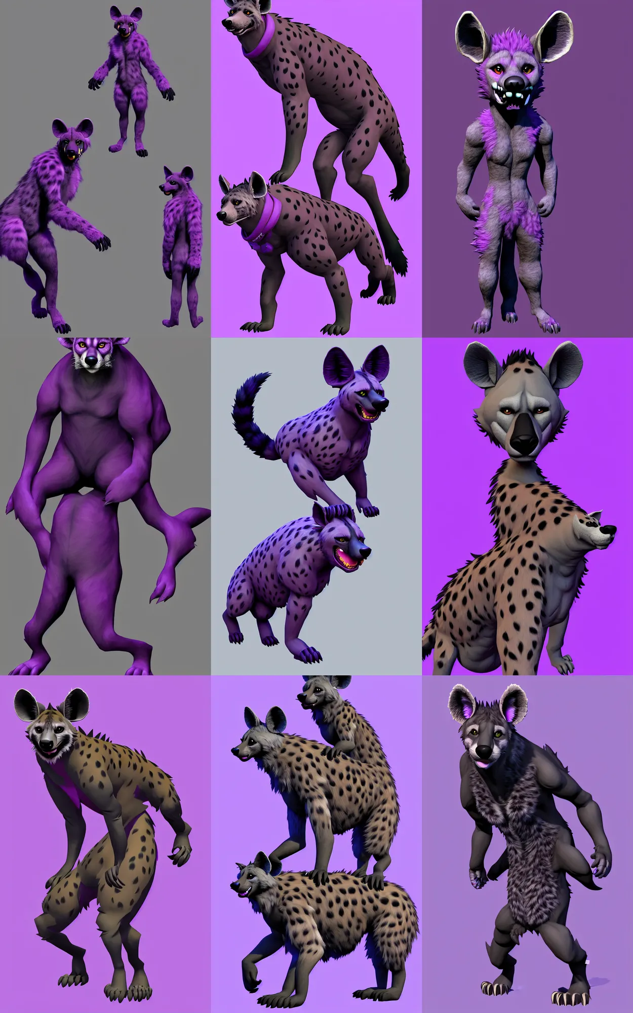 Image similar to a full - body centered front - perspective furry male fursona portrait, a male hyena fursona, purple and black fur color scheme, trending on weasyl, painted in zbrush, high - resolution, photorealistic