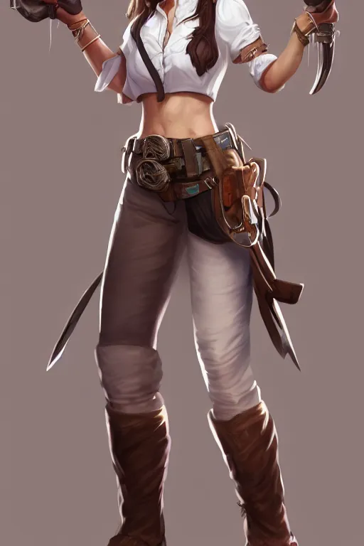Prompt: full body, female cowgirl, perfect face, white blouse, holster, 8 k, magic the gathering, desert, d & d, artstation, high detail, smooth, sweaty character concepts by senior concept artist