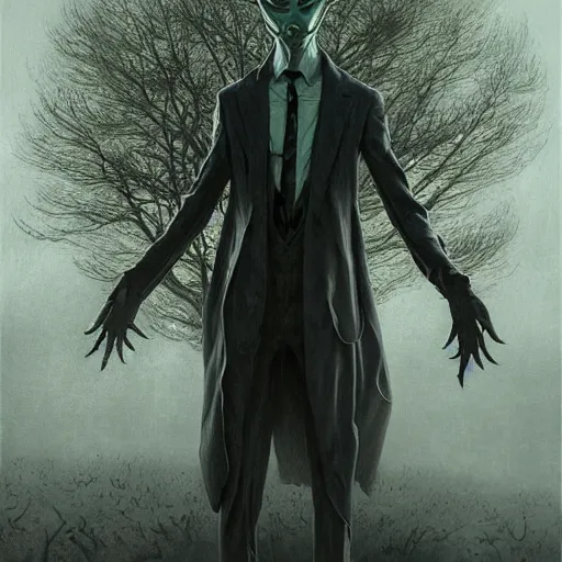 Image similar to photorealistic eldritch alien slenderman in the style of michael whelan and gustave dore. by greg rutkowski. hyperdetailed photorealism, 1 0 8 megapixels, amazing depth, high resolution, 3 d shading, 3 d finalrender, 3 d cinematic lighting, psychedelic overtones, artstation concept art.