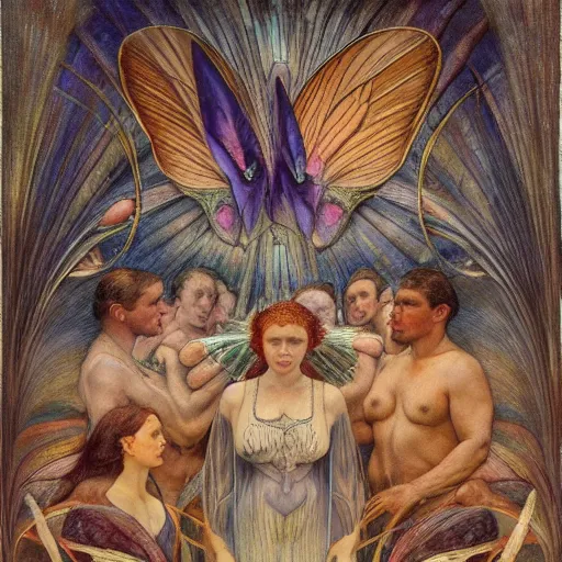 Image similar to moths attending their queen, by Annie Swynnerton and Diego Rivera and Evelyn De Morgan, symbolist, dramatic lighting, elaborate geometric ornament, Art Brut, god rays, soft cool colors,smooth, sharp focus, extremely detailed, Adolf Wölfli