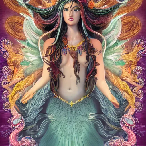 Image similar to Full body photo of the most beautiful goddess, she has a jellyfish-phoenix head's and a siren body, some tentacles are on her body, she flying to heaven through the clouds, she is swimming with some chrysaora hysoscella, there is smoke behid her, by Tooth Wu, trending on Artstation, digital art, symmetrical artwork, cinematic, hyper realism, high detail, octane render, 4k, 8k