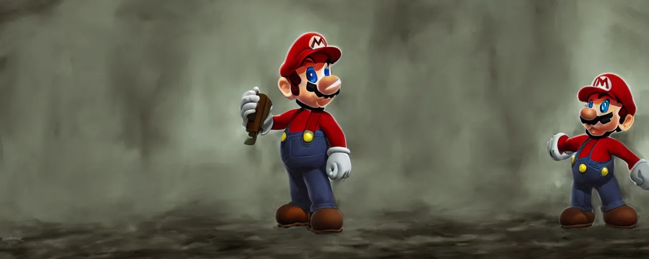 Image similar to concept art of mario from super mario bros lost in silent hill, resident evil, horror, occult, terror, mist, volumetric render, digital painting, detailed painting