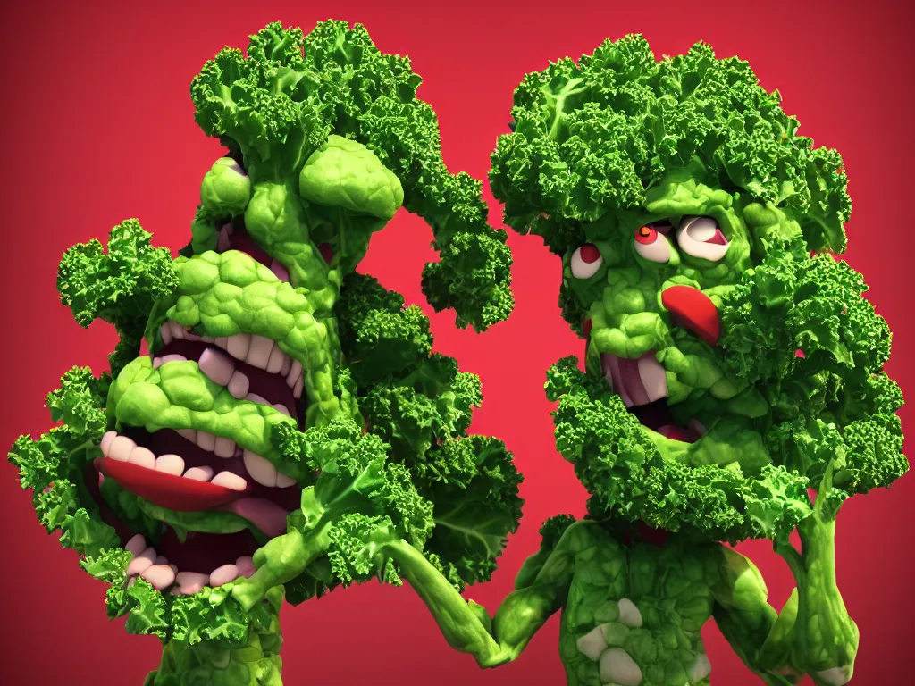 Prompt: highly detailed 3 d render of a raging mad angry kale character, as pizza topping, hyper realistic octane render, cinematic lighting, deviantart, lowbrow, surrealism, pixar still