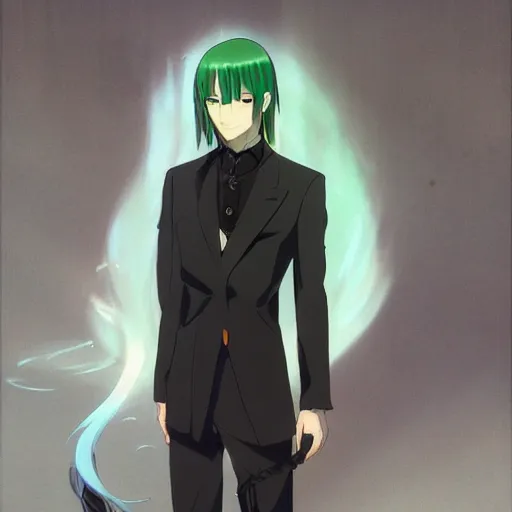 Image similar to full body portrait character concept art, anime key visual of decadent green long straight hair young anime male in black suit, green long straight hair and brown eyes, finely detailed perfect face studio lighting delicate features directed gaze, gapmoe kuudere grimdark, trending on pixiv fanbox, painted by greg rutkowski makoto shinkai takashi takeuchi studio ghibli