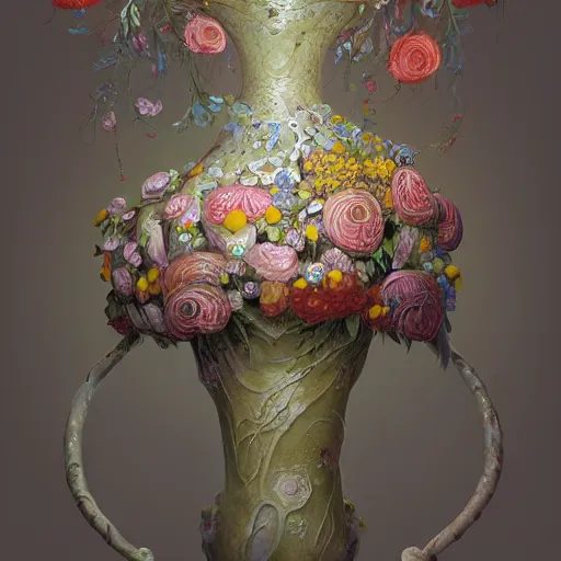 Image similar to biomorphic painting of a vase with flowers, au naturel, hyper detailed, digital art, trending in artstation, cinematic lighting, studio quality, smooth render, unreal engine 5 rendered, octane rendered, art style by klimt and nixeu and ian sprigger and wlop and krenz cushart