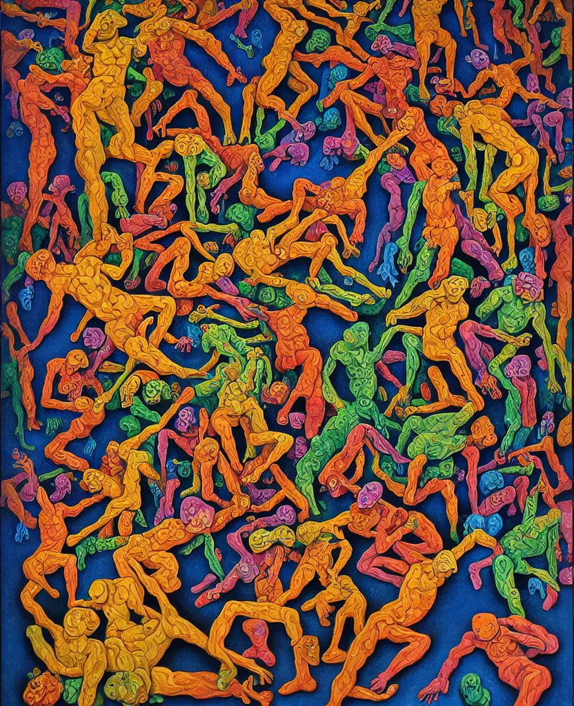 Image similar to multi colored psychedelic weeping soldiers | pain, pleasure, suffering, adventure, love, life, afterlife, souls in joy and agony | abstract oil painting, gouche on paper by MC Escher and Salvador Dali and raqib shaw and Josef albers on LSD |