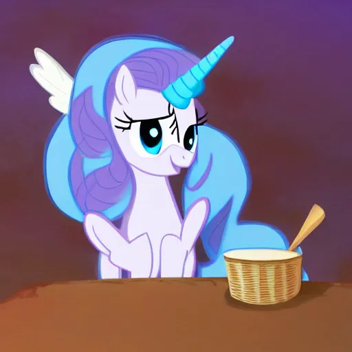 Image similar to painting of the blue unicorn mare Trixie Lulamoon from My Little Pony: Friendship is Magic performing a magic trick, trending on Derpibooru, by Studio Ghibli